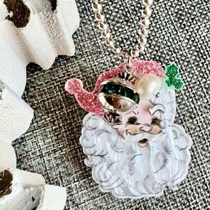 New Festive Pink Christmas Acrylic Santa Claus Shimmer Statement 18” Necklace